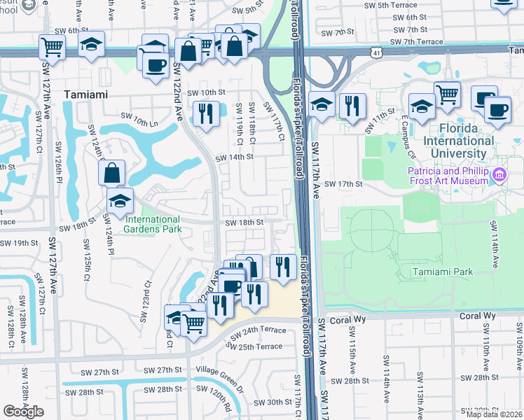 map of restaurants, bars, coffee shops, grocery stores, and more near 11801 Southwest 18th Street in Miami