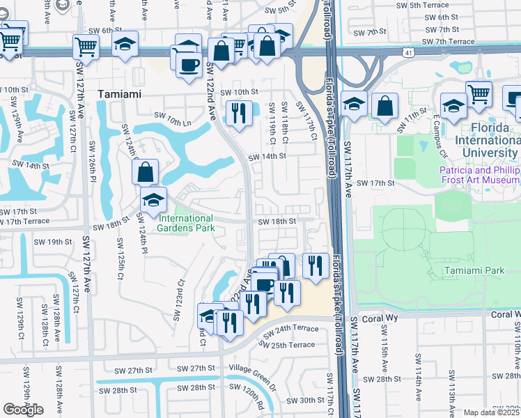 map of restaurants, bars, coffee shops, grocery stores, and more near 12015 Southwest 18th Street in Miami