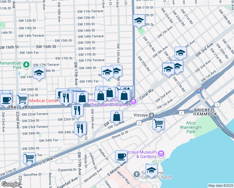 map of restaurants, bars, coffee shops, grocery stores, and more near 1301 Southwest 21st Street in Miami