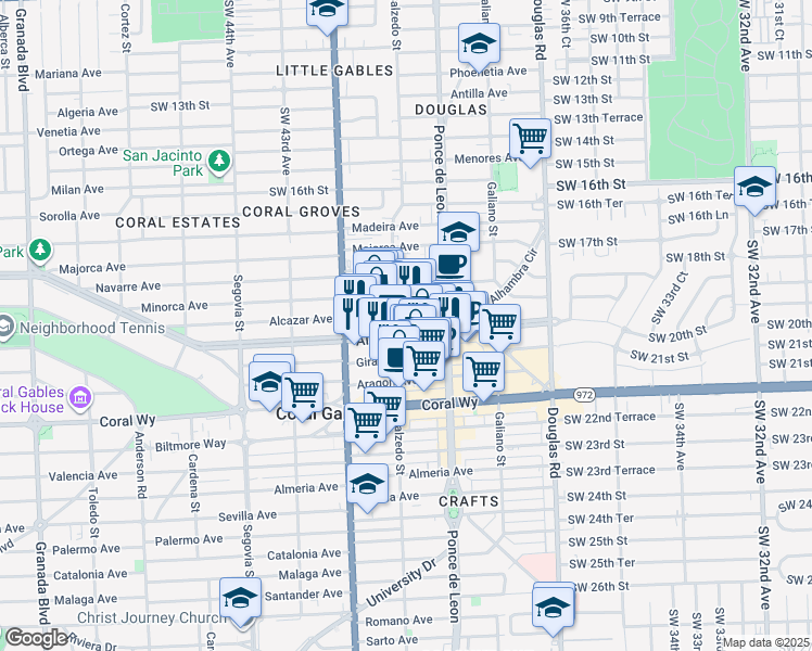 map of restaurants, bars, coffee shops, grocery stores, and more near 299 Alhambra Circle in Coral Gables