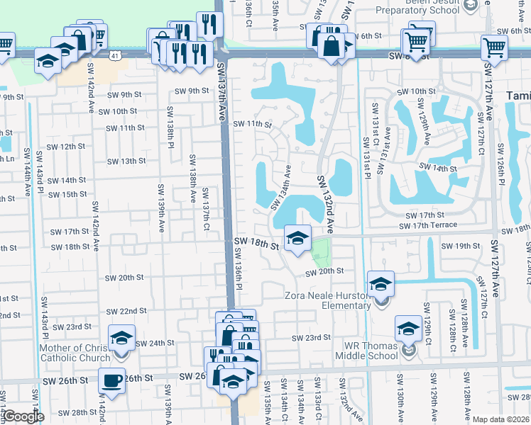 map of restaurants, bars, coffee shops, grocery stores, and more near 13438 Southwest 16th Lane in Miami
