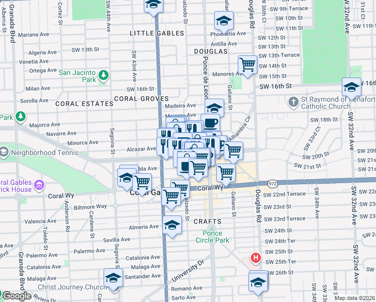 map of restaurants, bars, coffee shops, grocery stores, and more near 299 Alhambra Circle in Coral Gables