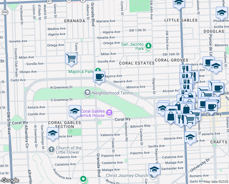 map of restaurants, bars, coffee shops, grocery stores, and more near 811 North Greenway Drive in Coral Gables