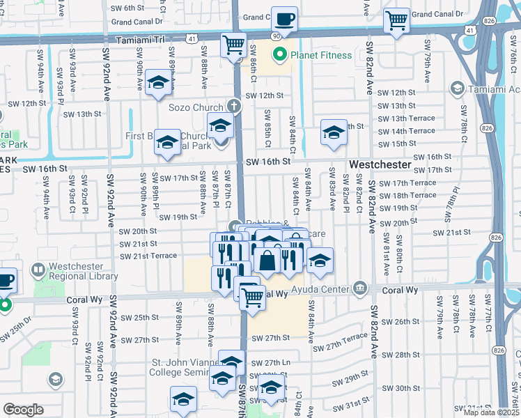 map of restaurants, bars, coffee shops, grocery stores, and more near 1845 Southwest 86th Avenue in Miami