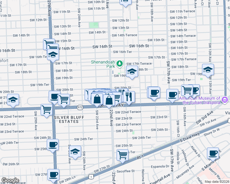 map of restaurants, bars, coffee shops, grocery stores, and more near 2130 Southwest 21st Street in Miami