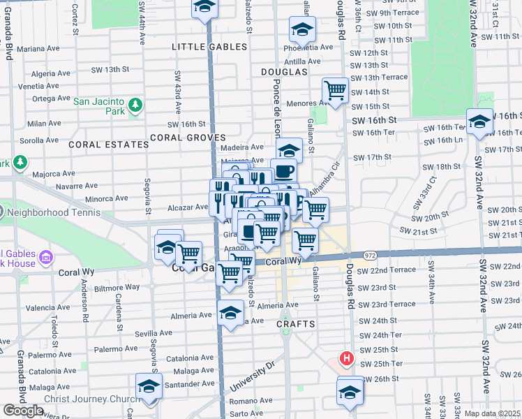 map of restaurants, bars, coffee shops, grocery stores, and more near 255 Alhambra Circle in Coral Gables