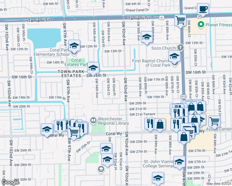 map of restaurants, bars, coffee shops, grocery stores, and more near 1831 Southwest 92nd Court in Miami