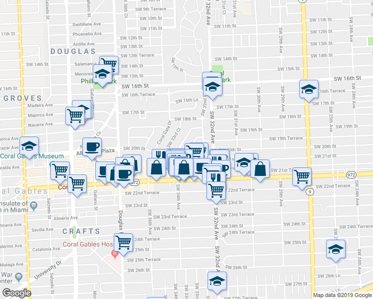 map of restaurants, bars, coffee shops, grocery stores, and more near 3270 Southwest 20th Street in Miami