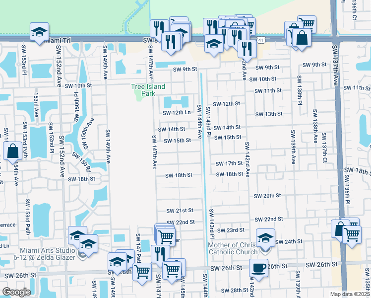 map of restaurants, bars, coffee shops, grocery stores, and more near 14455 Southwest 16th Street in Miami