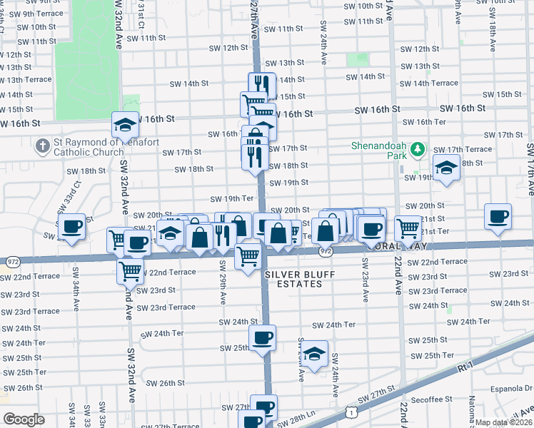 map of restaurants, bars, coffee shops, grocery stores, and more near 2075 Southwest 27th Avenue in Miami