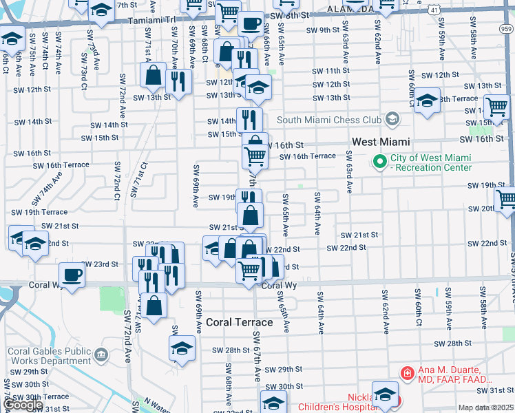 map of restaurants, bars, coffee shops, grocery stores, and more near 1901 Ludlam Road in Miami