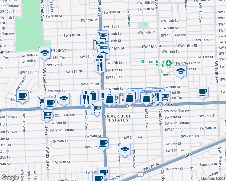 map of restaurants, bars, coffee shops, grocery stores, and more near 2501 Southwest 21st Street in Miami