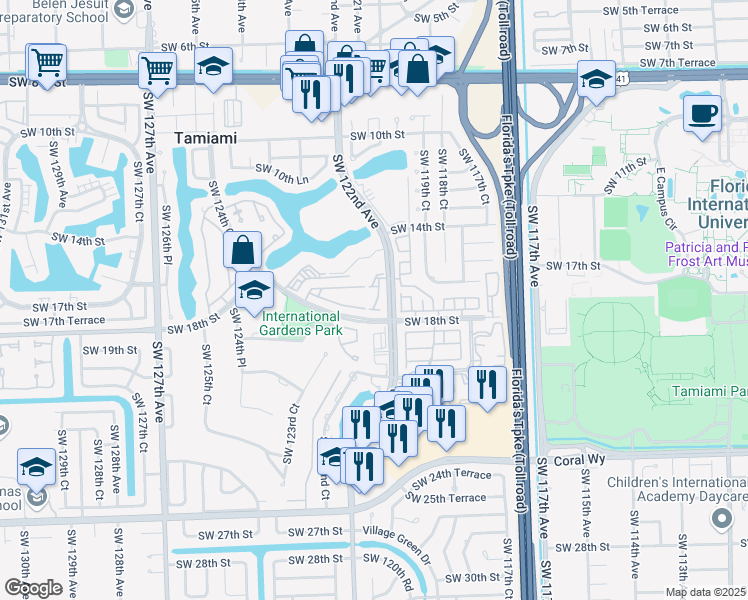 map of restaurants, bars, coffee shops, grocery stores, and more near 1620 Southwest 122nd Court in Miami