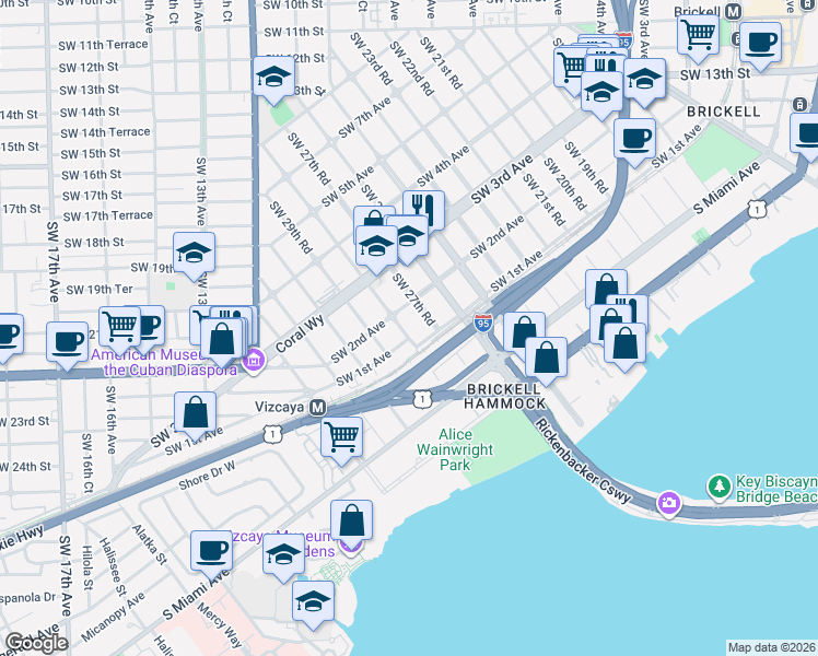 map of restaurants, bars, coffee shops, grocery stores, and more near 84 Southwest 28th Road in Miami