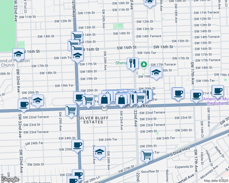 map of restaurants, bars, coffee shops, grocery stores, and more near 2368 Southwest 21st Street in Miami