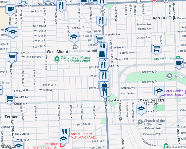map of restaurants, bars, coffee shops, grocery stores, and more near 5784 Southwest 20th Street in Miami