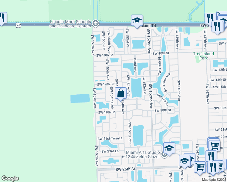 map of restaurants, bars, coffee shops, grocery stores, and more near 1590 Southwest 154th Path in Miami