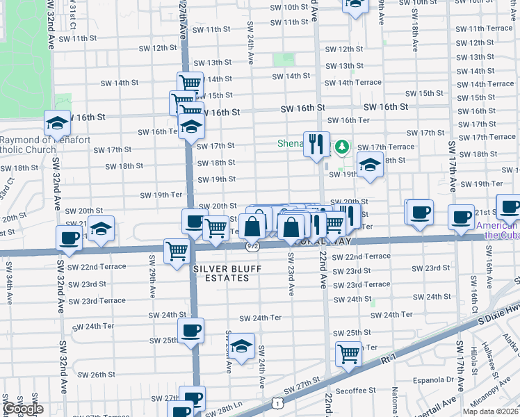 map of restaurants, bars, coffee shops, grocery stores, and more near 2368 Southwest 21st Street in Miami