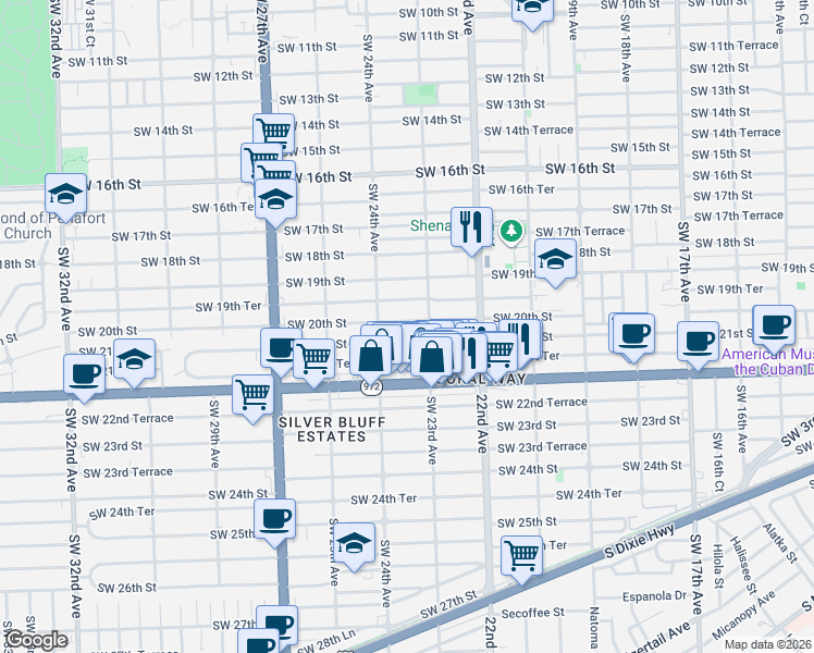 map of restaurants, bars, coffee shops, grocery stores, and more near 2368 Southwest 21st Street in Miami