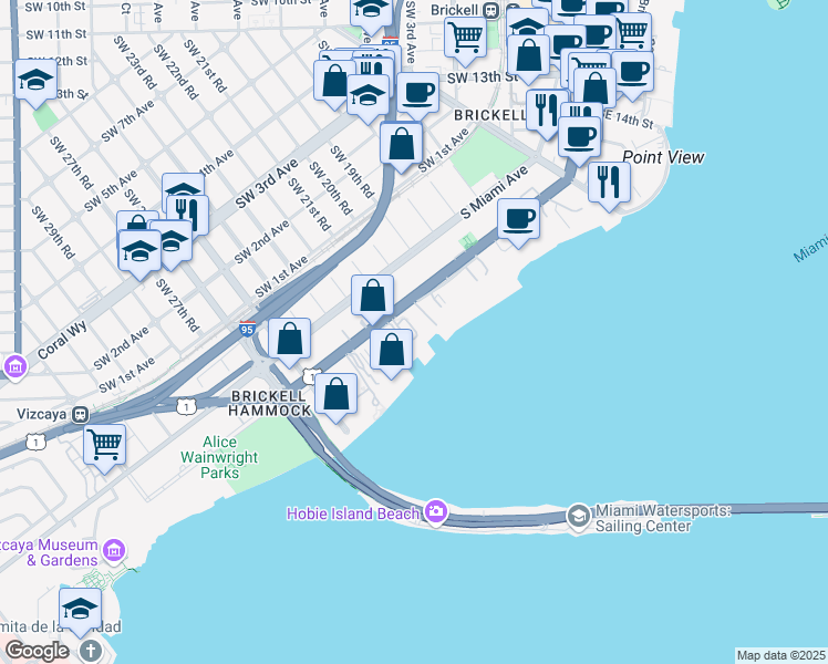 map of restaurants, bars, coffee shops, grocery stores, and more near 2101 Brickell Avenue in Miami