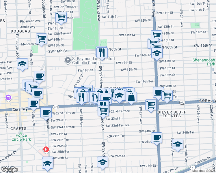 map of restaurants, bars, coffee shops, grocery stores, and more near 3150 Southwest 20th Street in Miami