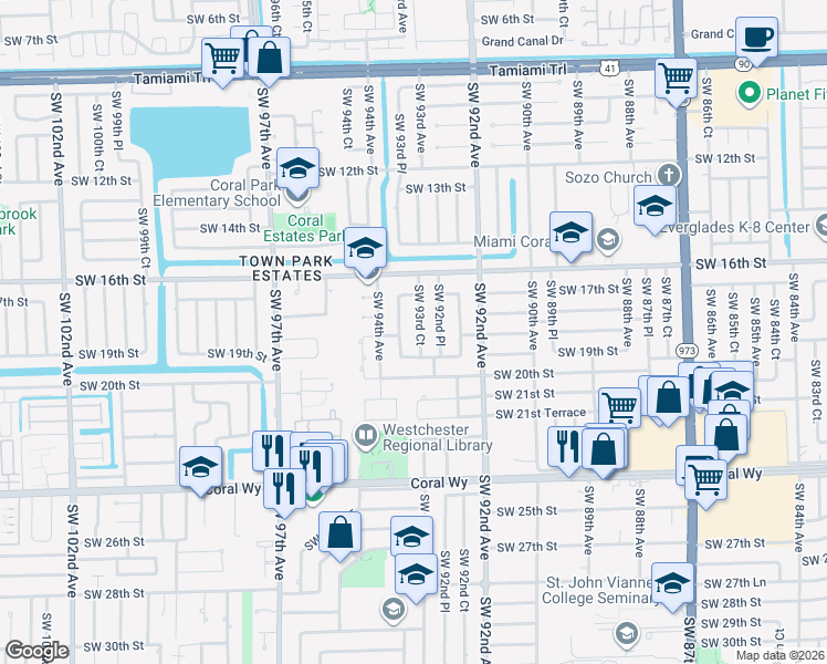 map of restaurants, bars, coffee shops, grocery stores, and more near 1831 Southwest 93rd Court in Miami