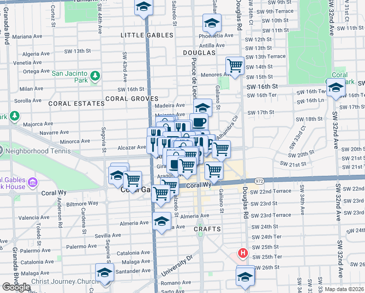 map of restaurants, bars, coffee shops, grocery stores, and more near 255 Alhambra Circle in Coral Gables