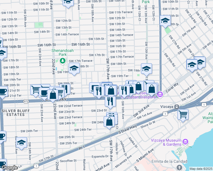 map of restaurants, bars, coffee shops, grocery stores, and more near 1738 Southwest 21st Street in Miami
