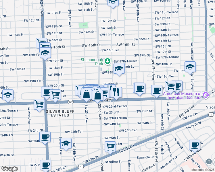 map of restaurants, bars, coffee shops, grocery stores, and more near 2130 Southwest 21st Street in Miami