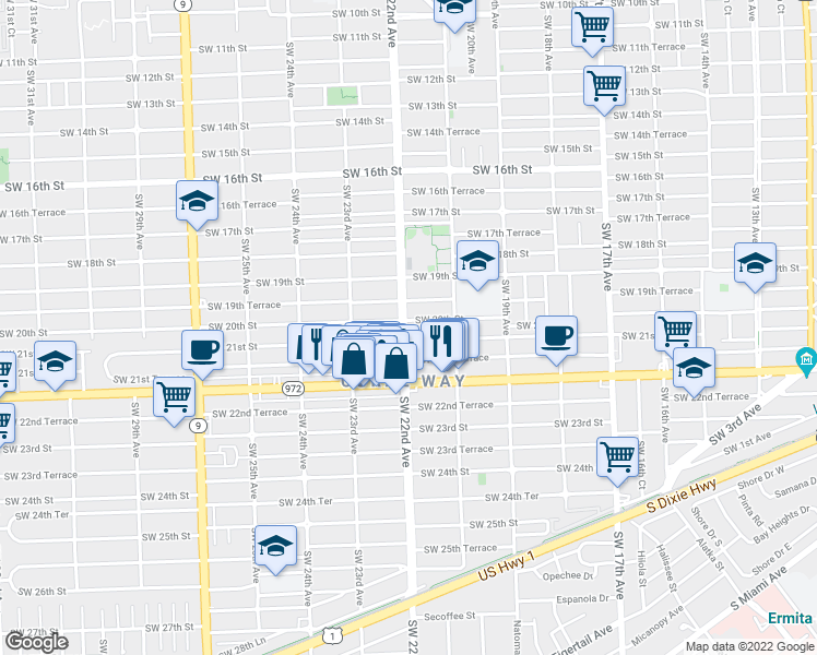 map of restaurants, bars, coffee shops, grocery stores, and more near 2210 Southwest 21st Street in Miami