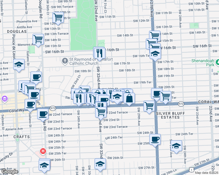 map of restaurants, bars, coffee shops, grocery stores, and more near 3150 Southwest 20th Street in Miami
