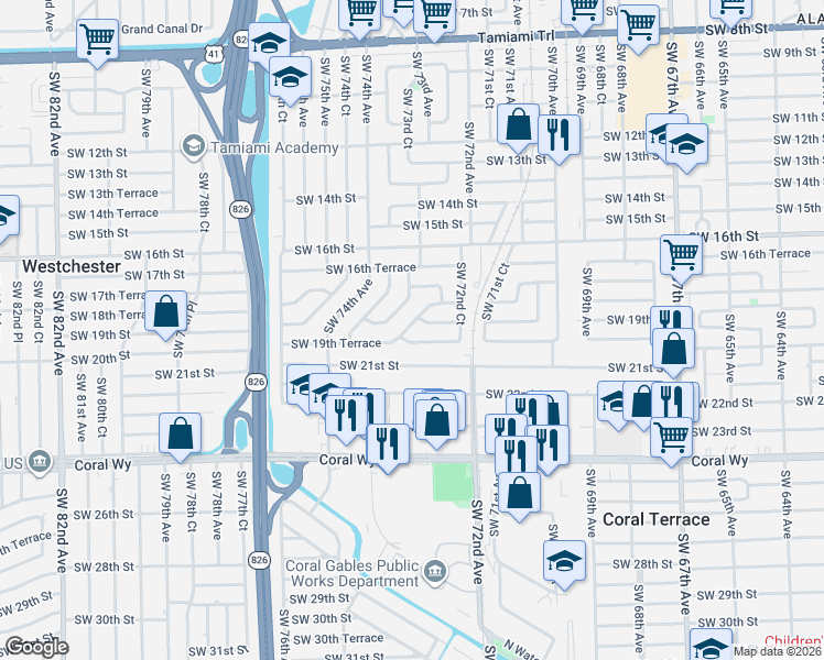 map of restaurants, bars, coffee shops, grocery stores, and more near 7340 Southwest 19th Terrace in Miami