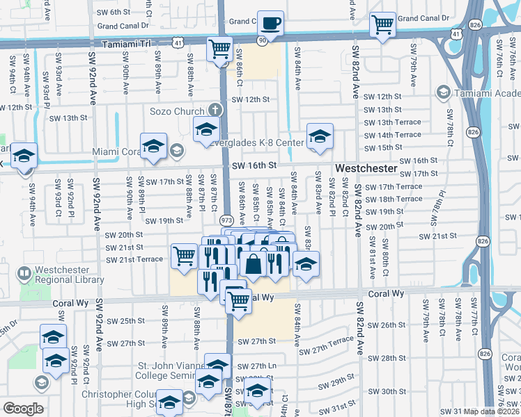 map of restaurants, bars, coffee shops, grocery stores, and more near 1925 Southwest 85th Court in Miami