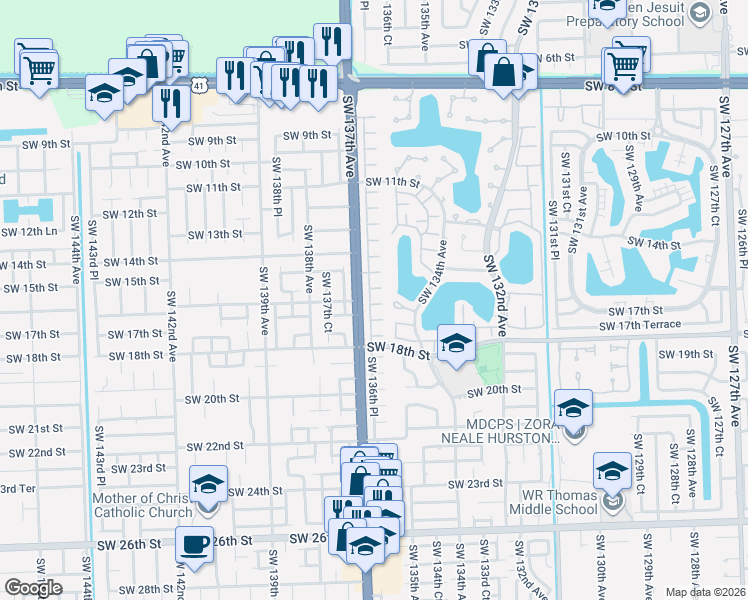 map of restaurants, bars, coffee shops, grocery stores, and more near 1656 Southwest 136th Place in Miami