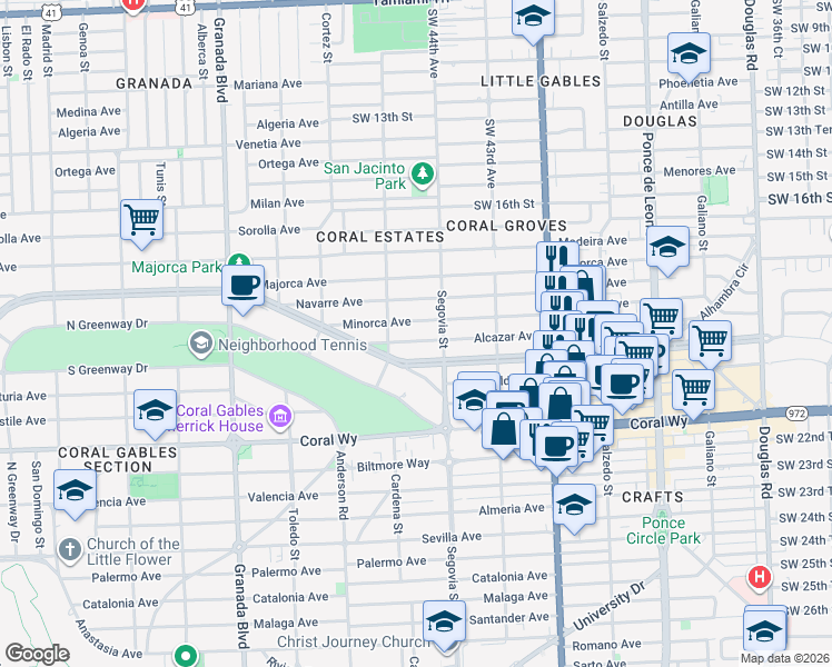 map of restaurants, bars, coffee shops, grocery stores, and more near 624 Alcazar Avenue in Coral Gables