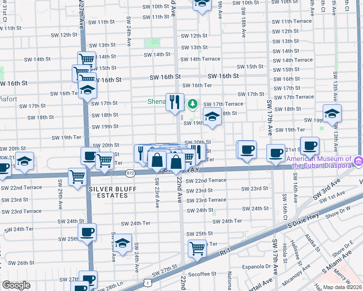 map of restaurants, bars, coffee shops, grocery stores, and more near 2210 Southwest 21st Street in Miami