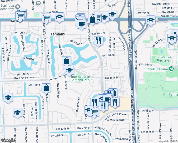 map of restaurants, bars, coffee shops, grocery stores, and more near 12235 Southwest 17th Lane in Miami