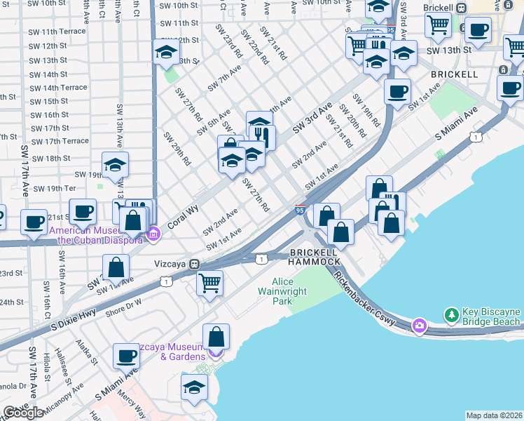 map of restaurants, bars, coffee shops, grocery stores, and more near 84 Southwest 28th Road in Miami