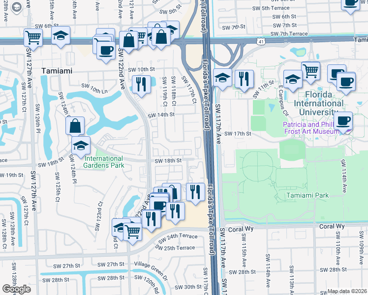 map of restaurants, bars, coffee shops, grocery stores, and more near 11795 Southwest 18th Street in Miami