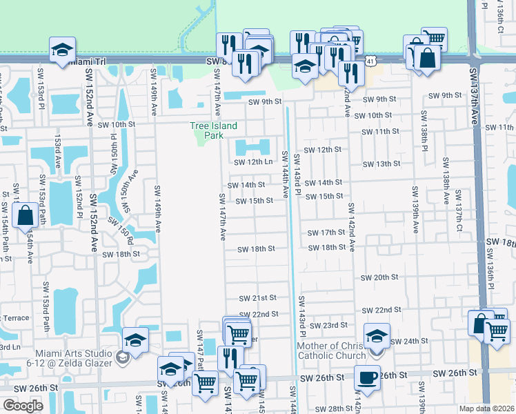 map of restaurants, bars, coffee shops, grocery stores, and more near 14455 Southwest 16th Street in Miami