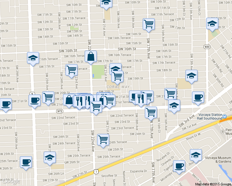 map of restaurants, bars, coffee shops, grocery stores, and more near 2016 Southwest 21st Street in Miami