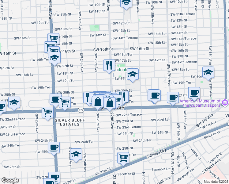 map of restaurants, bars, coffee shops, grocery stores, and more near 2210 Southwest 21st Street in Miami