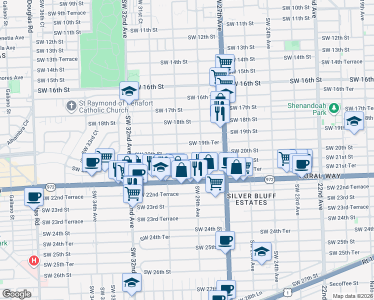 map of restaurants, bars, coffee shops, grocery stores, and more near 2937 Southwest 21st Street in Miami