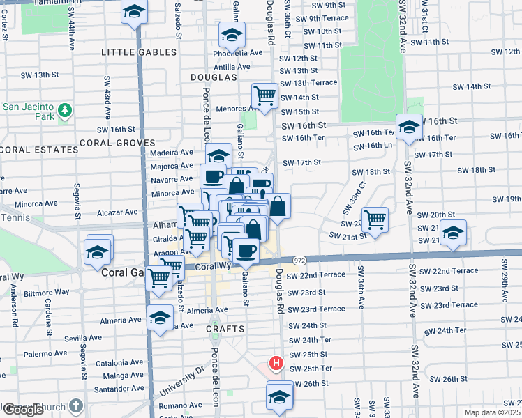 map of restaurants, bars, coffee shops, grocery stores, and more near in Coral Gables