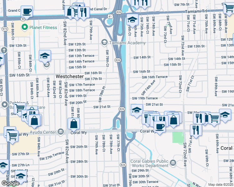 map of restaurants, bars, coffee shops, grocery stores, and more near 7701 Southwest 20th Street in Miami