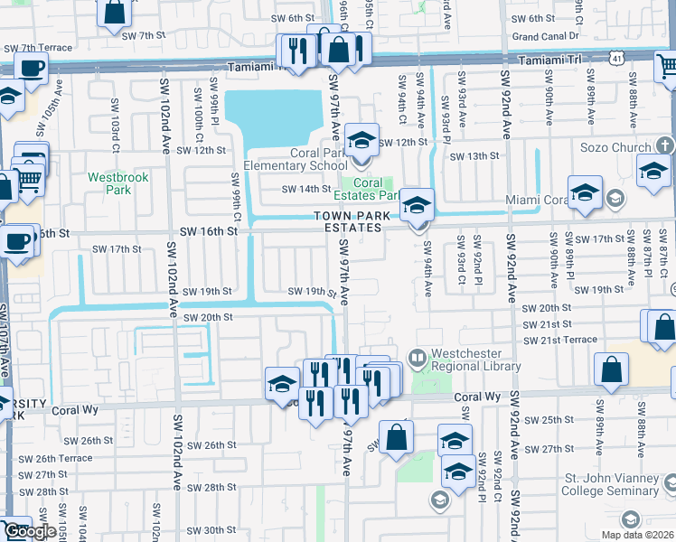map of restaurants, bars, coffee shops, grocery stores, and more near 1820 Southwest 97th Avenue in Miami