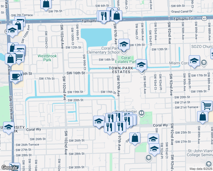 map of restaurants, bars, coffee shops, grocery stores, and more near 1820 Southwest 97th Place in Miami