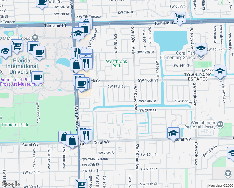 map of restaurants, bars, coffee shops, grocery stores, and more near 1820 Southwest 103rd Avenue in Miami
