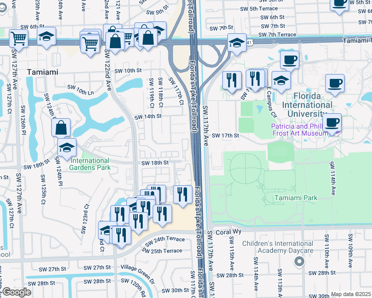 map of restaurants, bars, coffee shops, grocery stores, and more near 11757 Southwest 18th Street in Miami