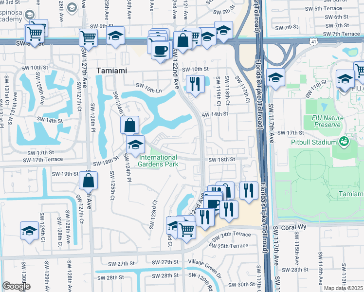 map of restaurants, bars, coffee shops, grocery stores, and more near 12235 Southwest 17th Lane in Miami